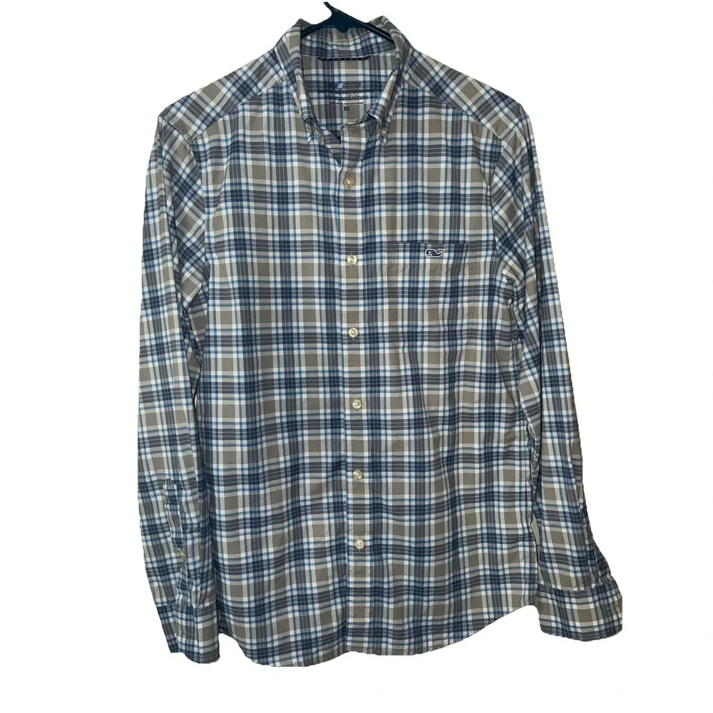 Vineyard Vines Performance OTG  Mens Size XS Long‎ Sleeve Blue Plaid Shirt Logo